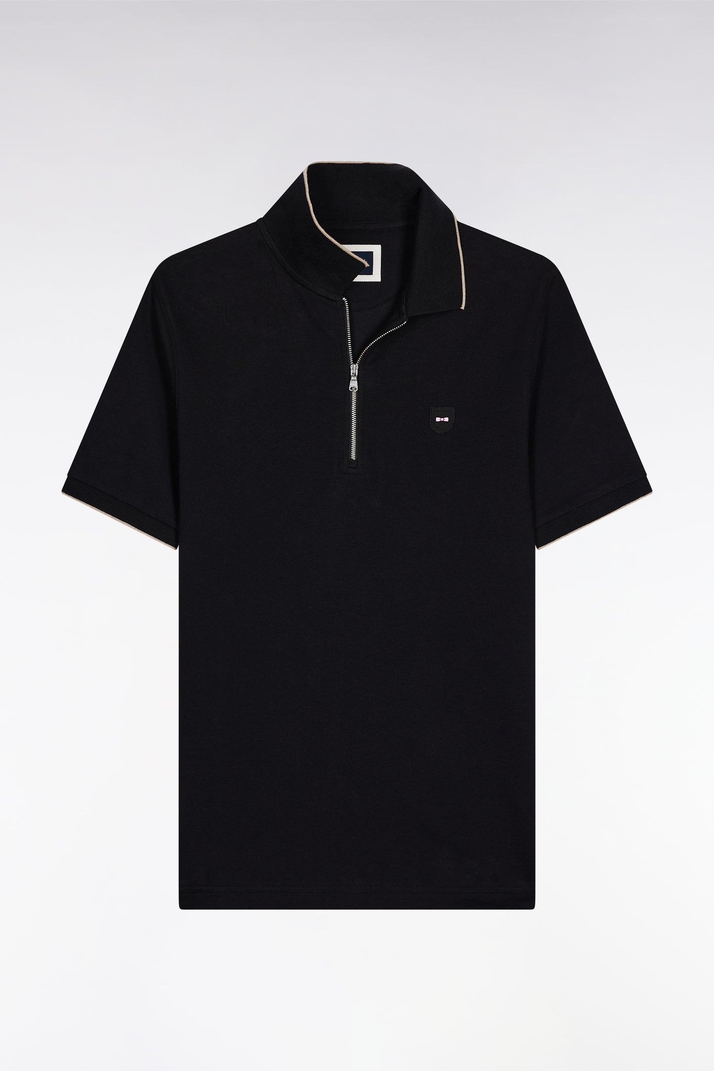 Short-sleeved polo shirt in black stretch cotton piqué with zip and slim fit