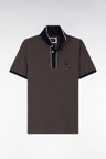 Short-sleeved polo shirt in brown stretch cotton piqué, slim fit