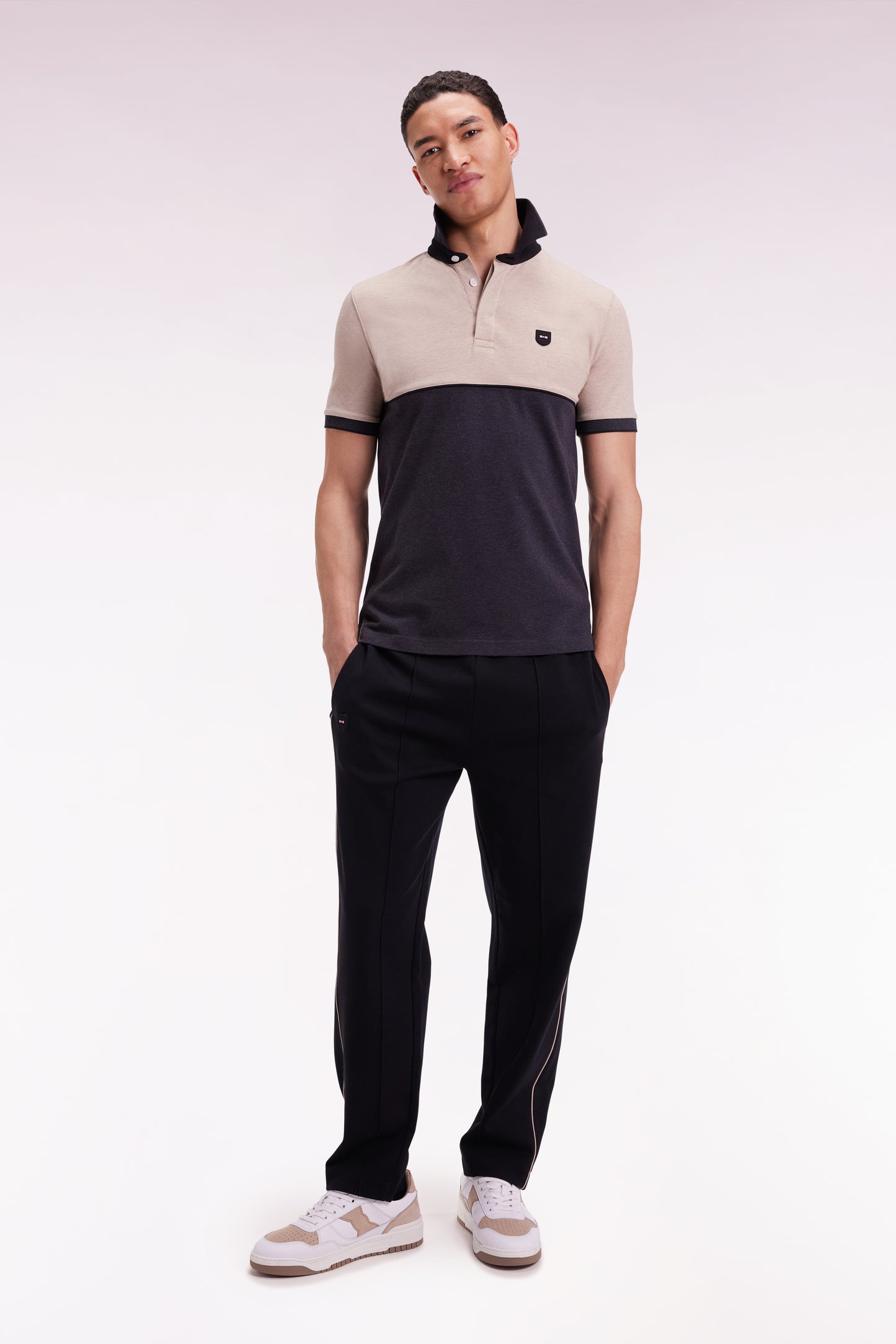 Two-tone short-sleeved polo shirt in stretch cotton piqué, dark grey, slim fit