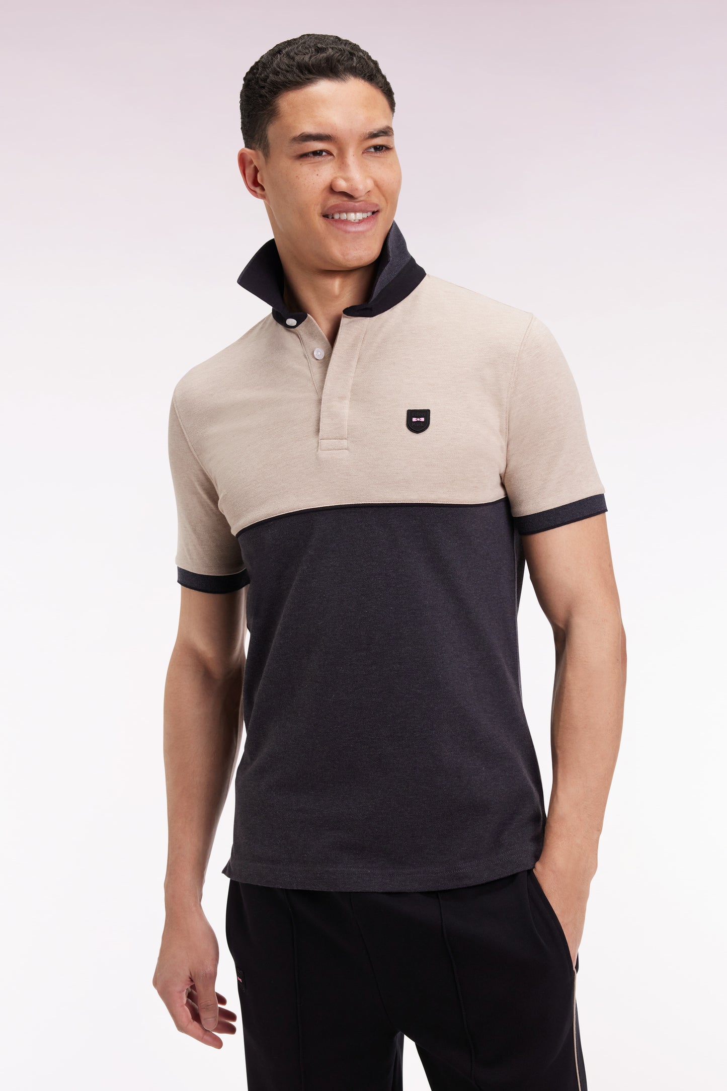 Two-tone short-sleeved polo shirt in stretch cotton piqué, dark grey, slim fit