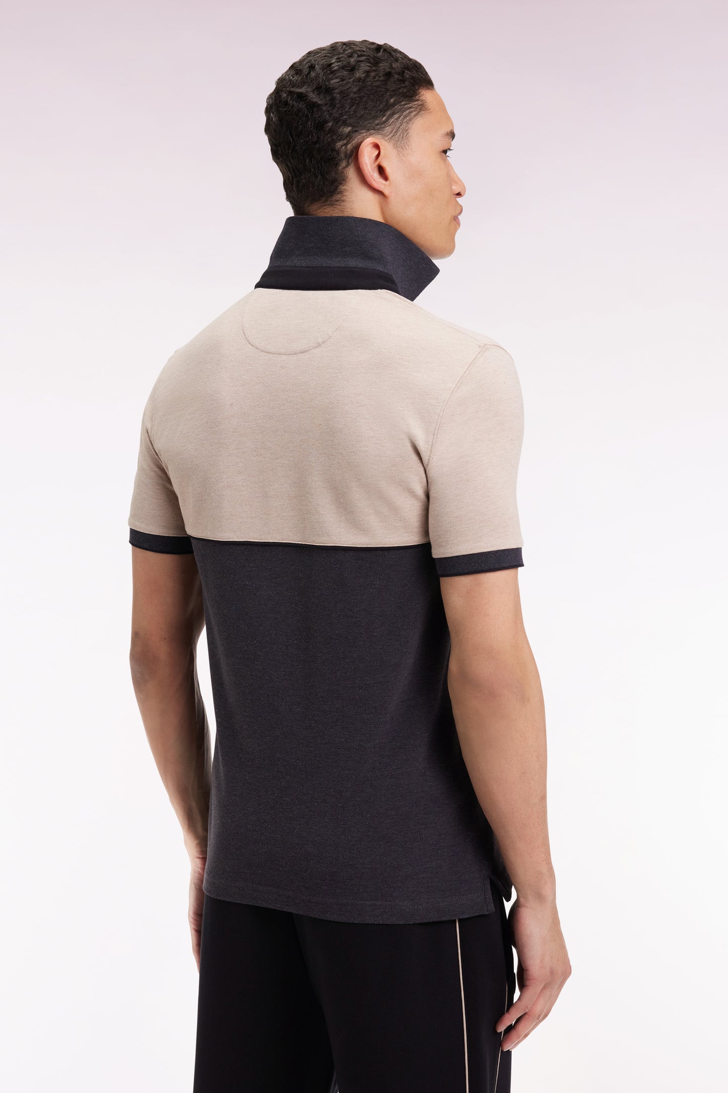 Two-tone short-sleeved polo shirt in stretch cotton piqué, dark grey, slim fit