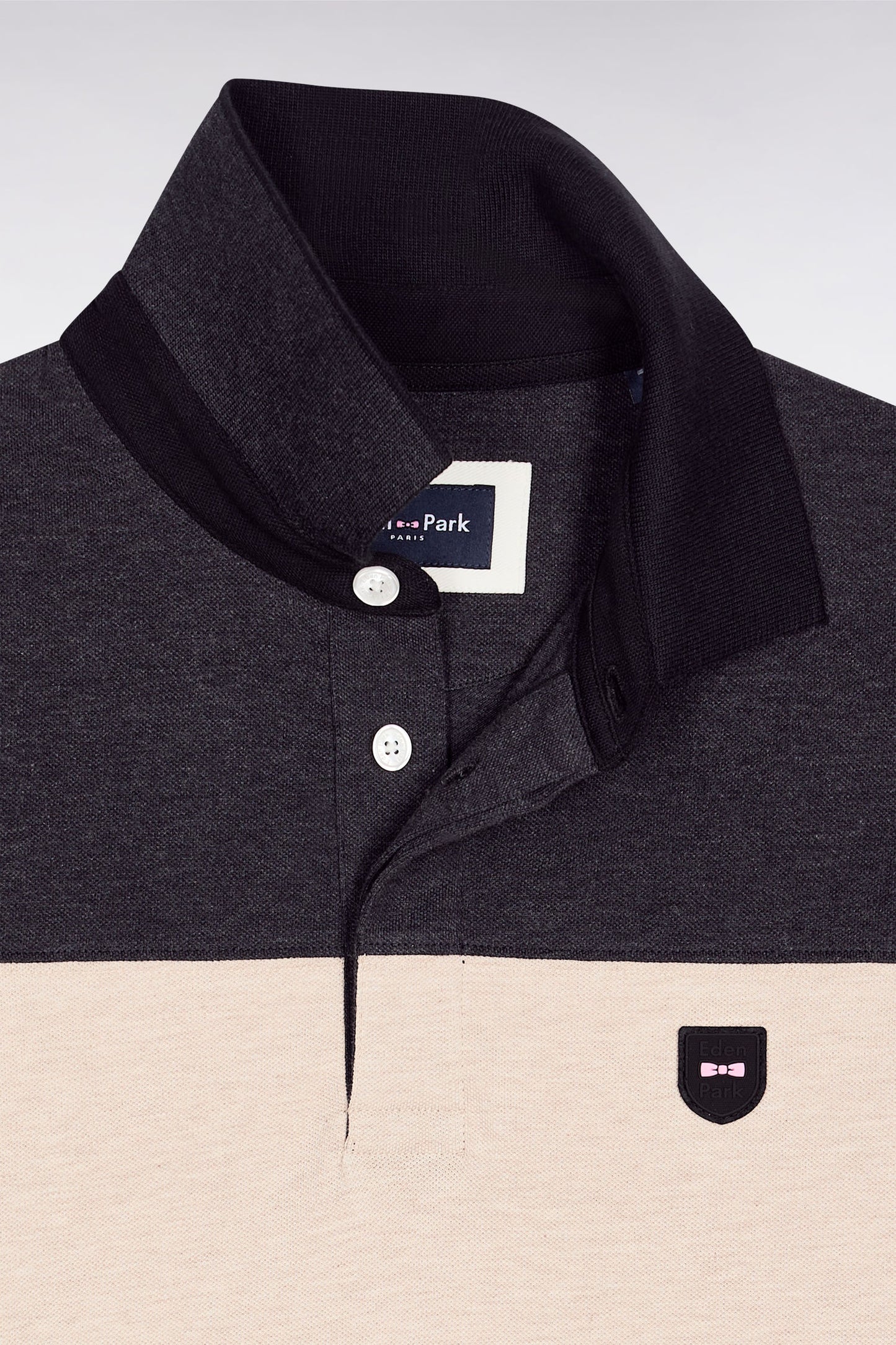 Three-tone short-sleeved polo shirt in grey stretch cotton piqué with slim fit