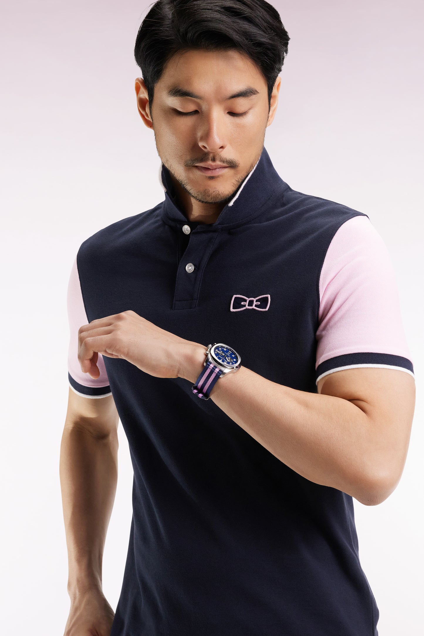 Navy cotton piqué polo shirt, short sleeves, straight cut