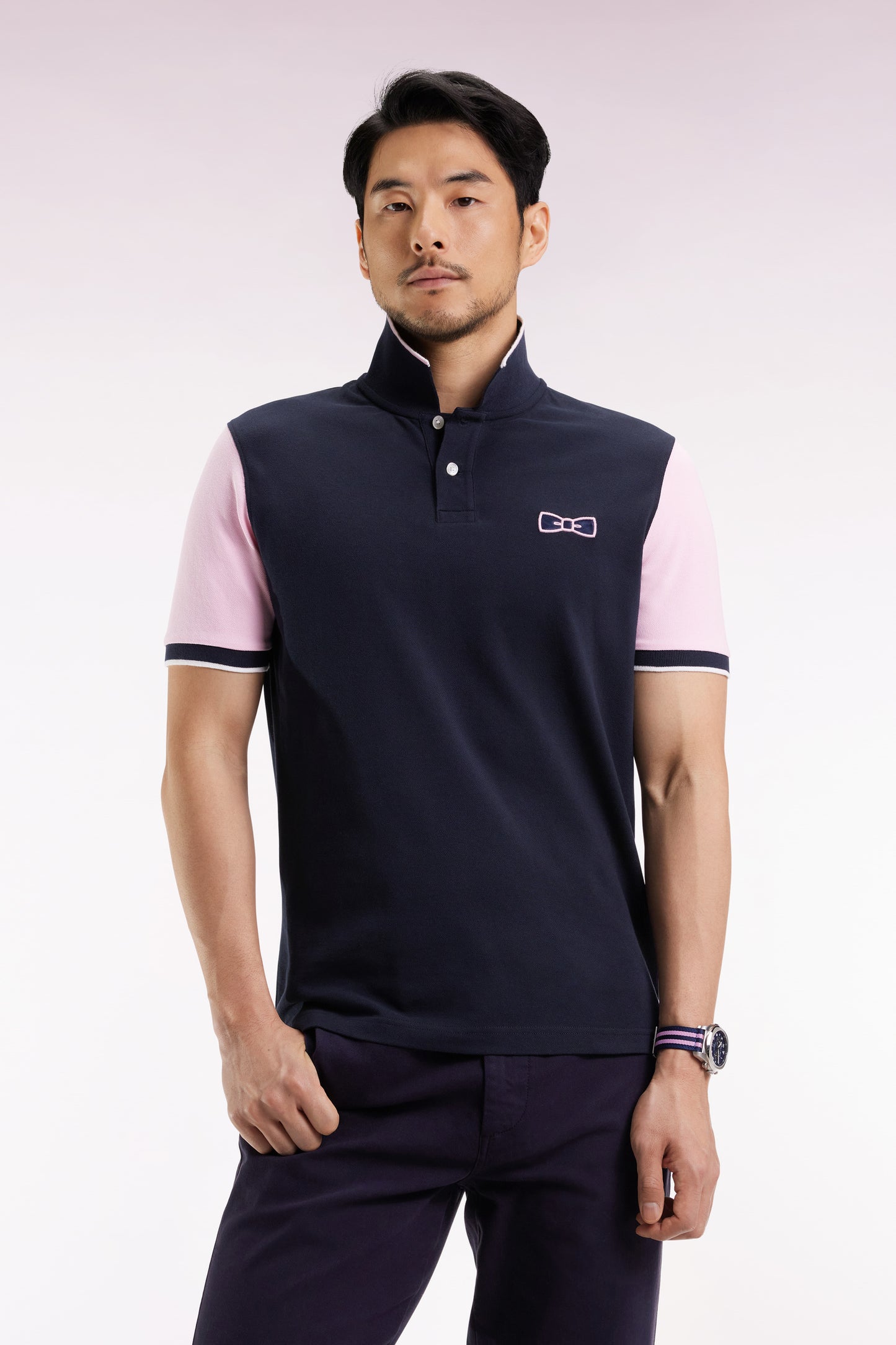 Navy cotton piqué polo shirt, short sleeves, straight cut