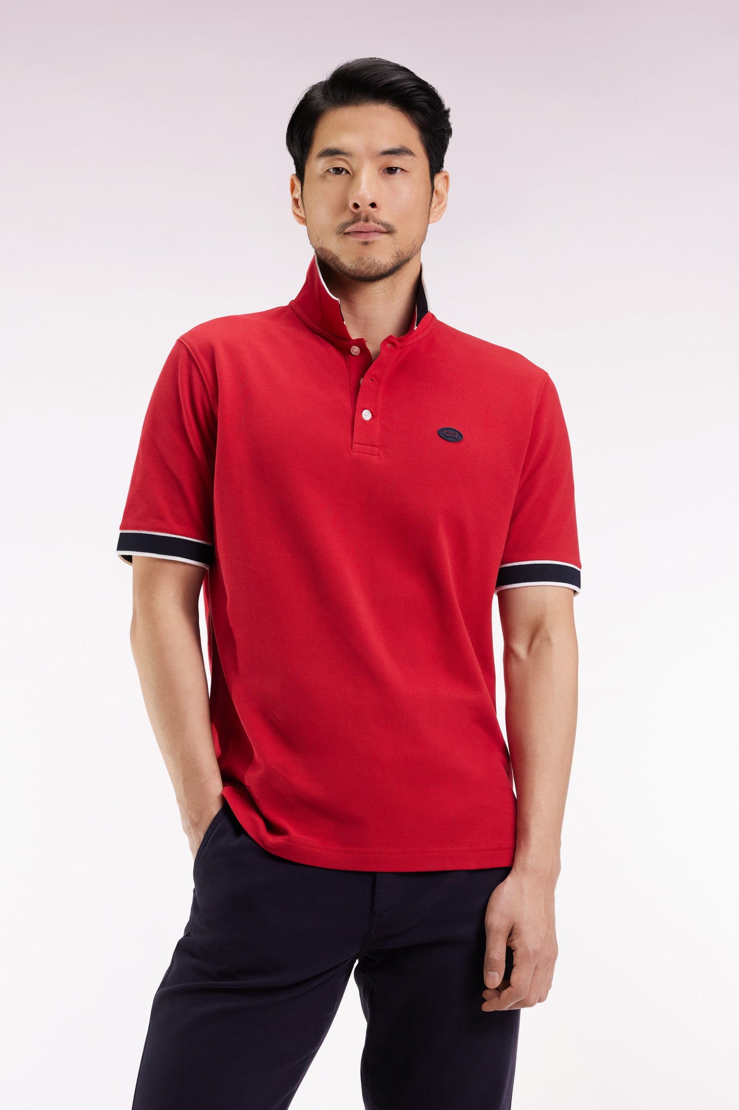 Red cotton short-sleeved polo shirt, loose fit