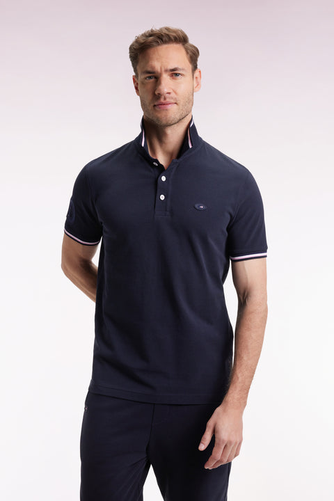 Short-sleeved navy polo shirt with tricolored trim, straight cut - Image 3