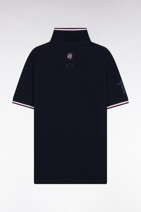 Short-sleeved navy polo shirt with tricolored trim, straight cut - Image 2