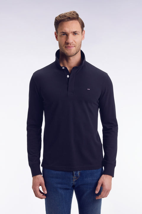 Long-sleeved polo shirt in navy stretch cotton, slim fit - Image 1