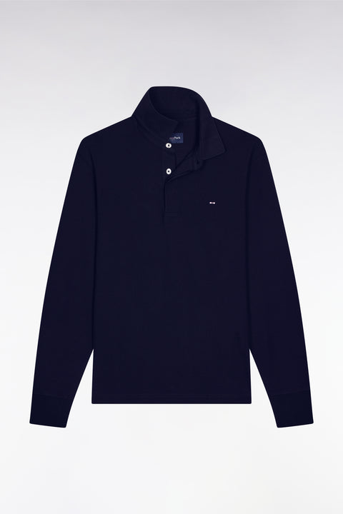 Long-sleeved polo shirt in navy stretch cotton, slim fit - Image 2