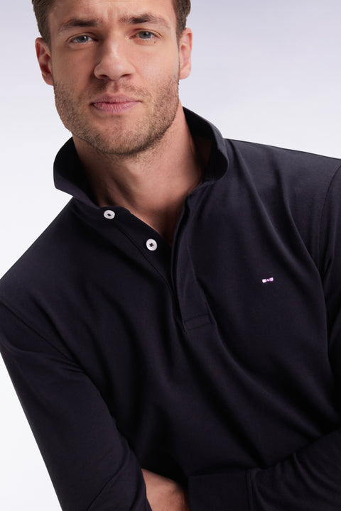 Long-sleeved polo shirt in black stretch cotton, slim fit - Image 1