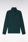 Long-sleeved polo shirt in bottle-green stretch cotton, slim fit