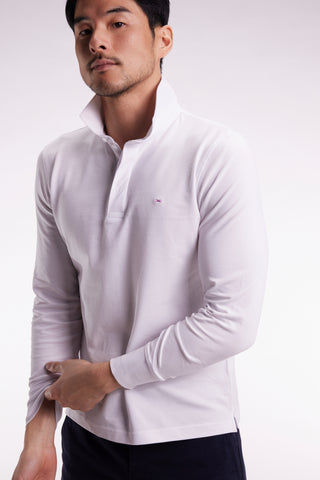 Long-sleeved polo shirt in white stretch cotton, slim fit