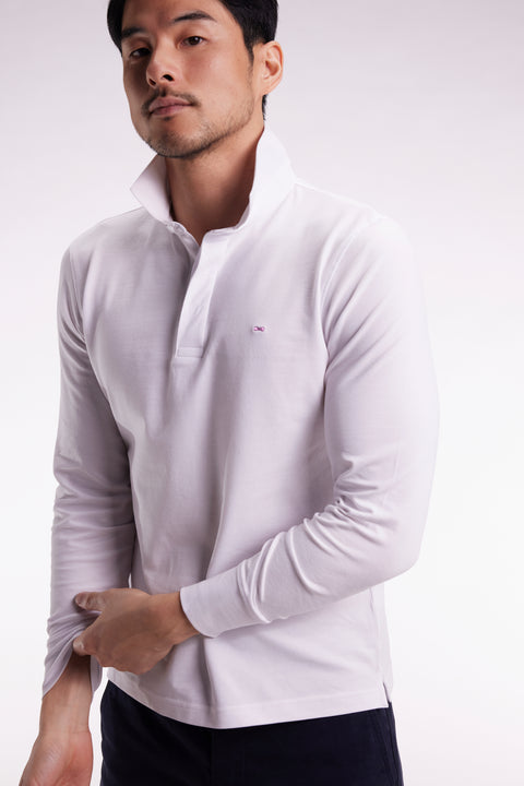 Long-sleeved polo shirt in white stretch cotton, slim fit - Image 1