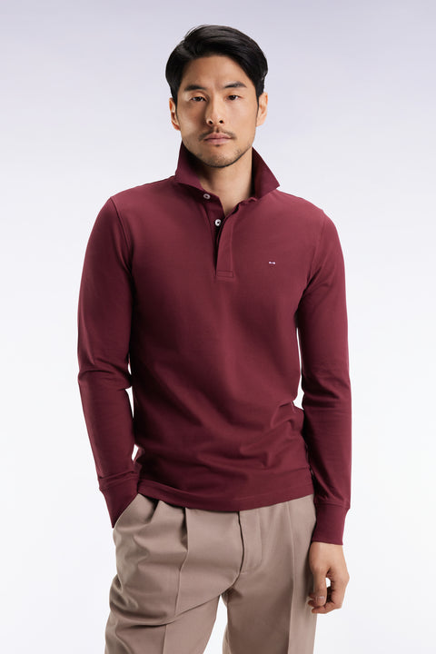 Long-sleeved polo shirt in burgundy stretch cotton, slim fit - Image 3