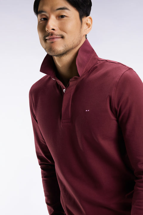 Long-sleeved polo shirt in burgundy stretch cotton, slim fit - Image 1