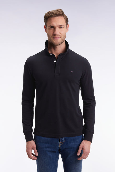 Long-sleeved polo shirt in black stretch cotton, slim fit - Image 3