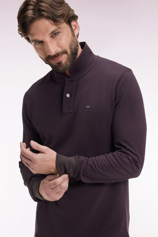 Long-sleeved polo shirt in brown Pima cotton, straight cut