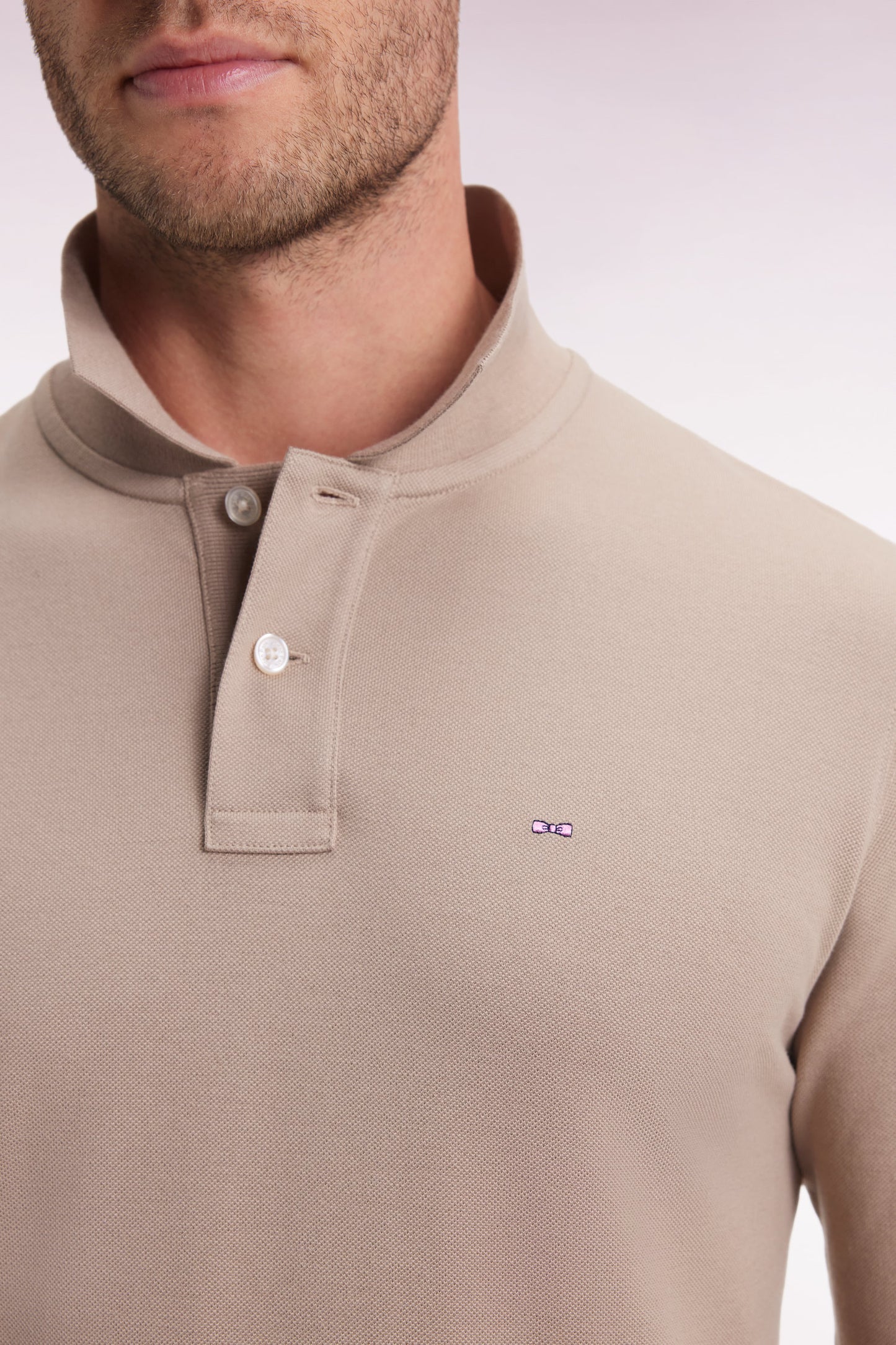 Long-sleeved polo shirt in beige Pima cotton, straight cut