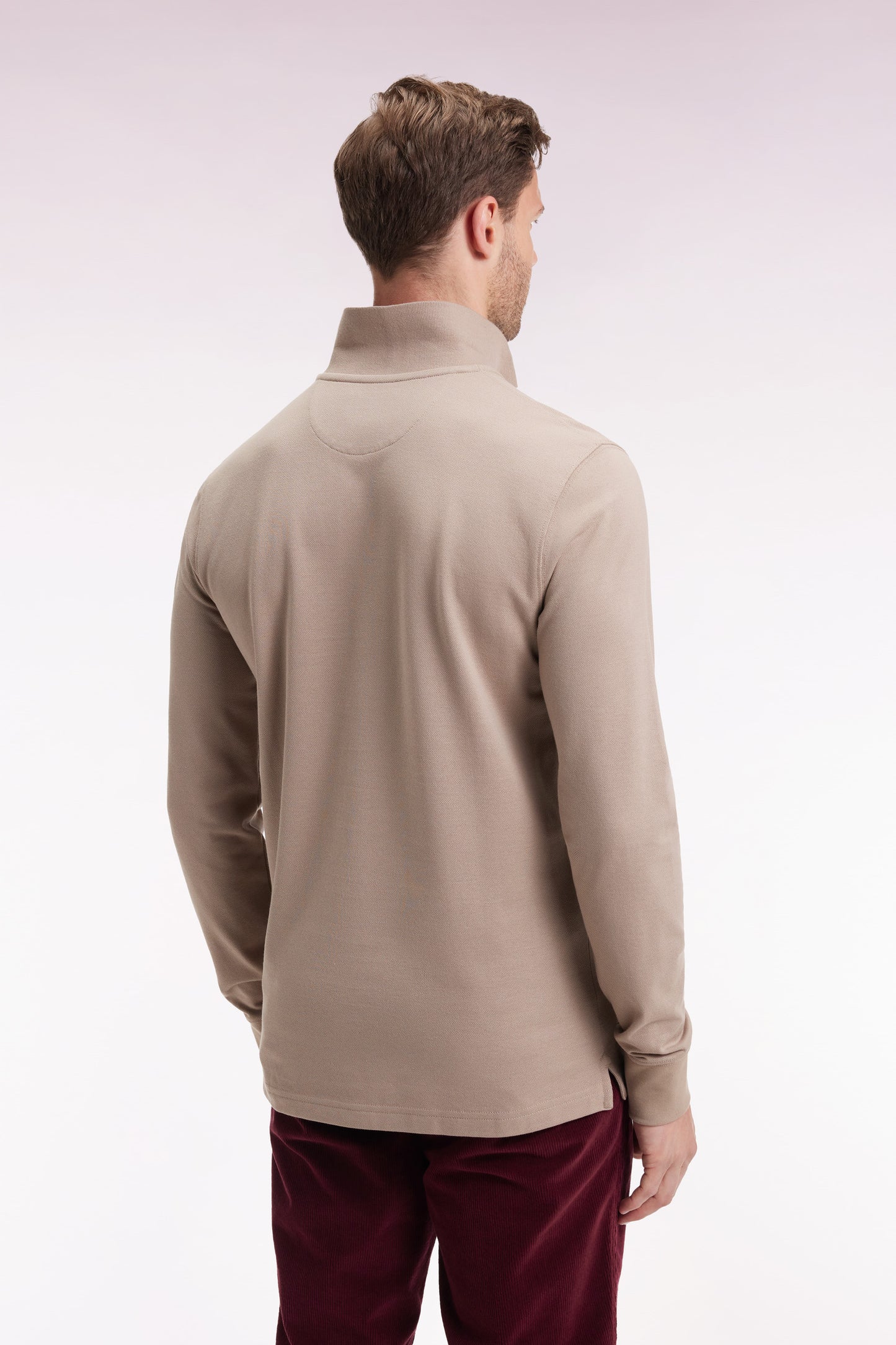 Long-sleeved polo shirt in beige Pima cotton, straight cut