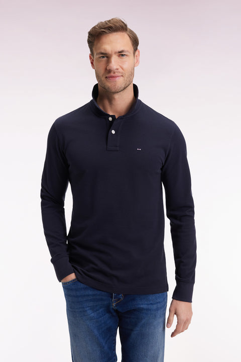 Long-sleeved polo shirt in straight-cut navy Pima cotton - Image 3