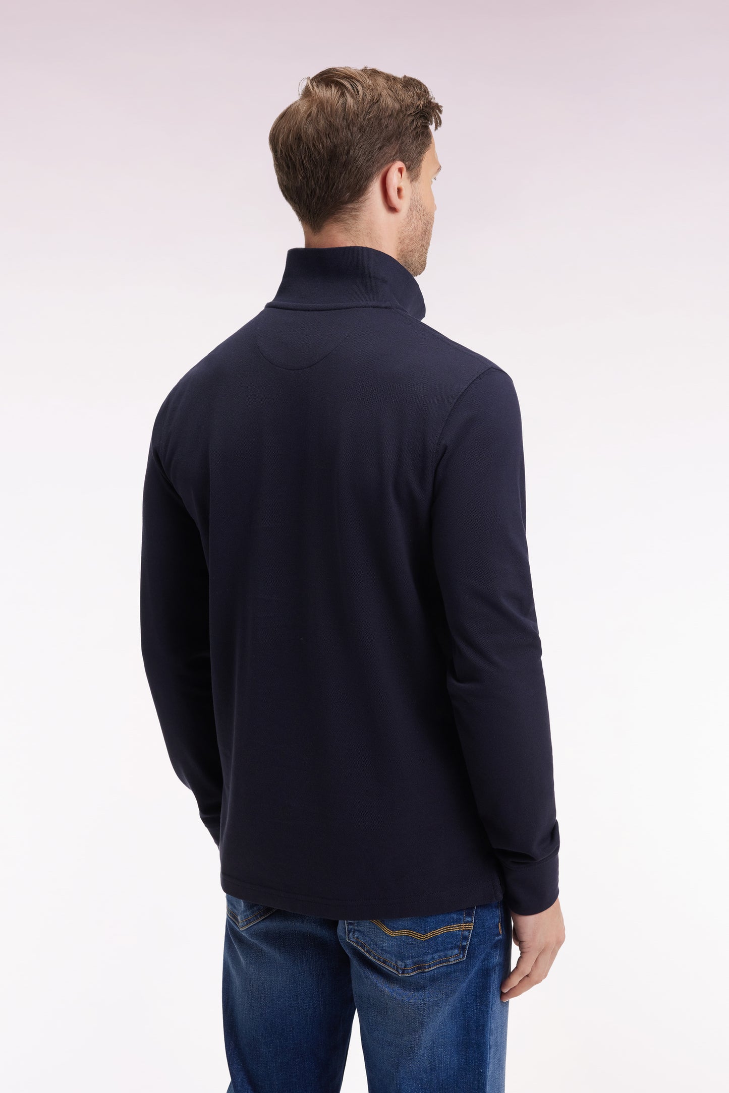 Long-sleeved polo shirt in straight-cut navy Pima cotton
