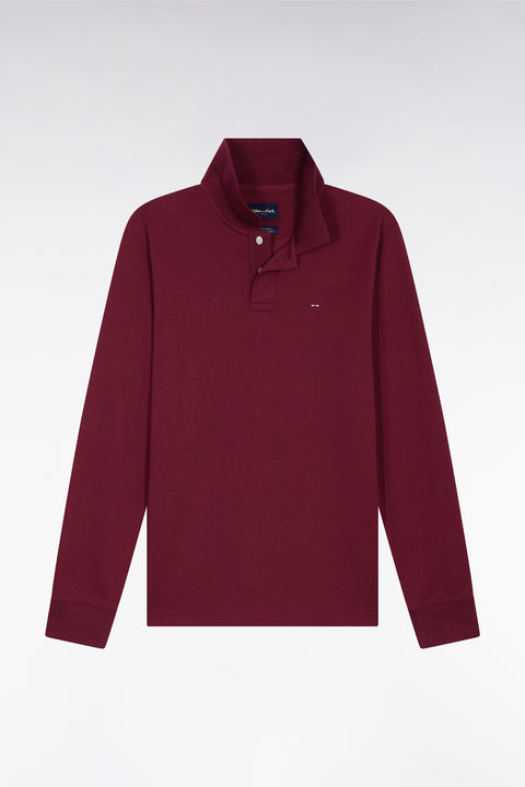 Long-sleeved polo shirt in burgundy Pima cotton, straight cut - Image 2