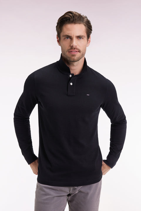 Long-sleeved polo shirt in black Pima cotton, straight cut - Image 3
