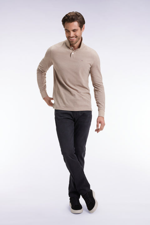 Long-sleeved polo shirt in beige mottled cotton, straight cut - Image 1