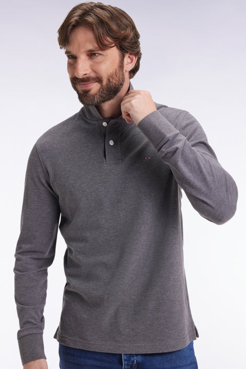 Long-sleeved polo shirt in grey mottled cotton, straight cut - Image 1