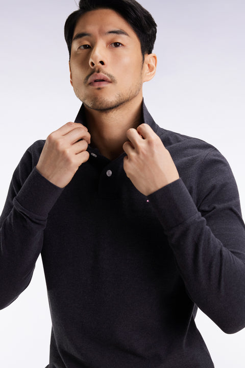 Long-sleeved polo shirt in dark grey mottled cotton, straight cut - Image 1
