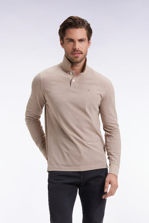 Long-sleeved polo shirt in beige mottled cotton, straight cut - Image 3