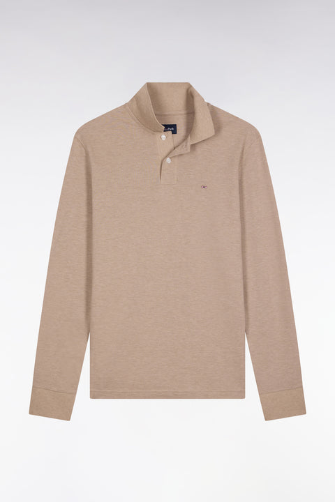 Long-sleeved polo shirt in beige mottled cotton, straight cut - Image 2
