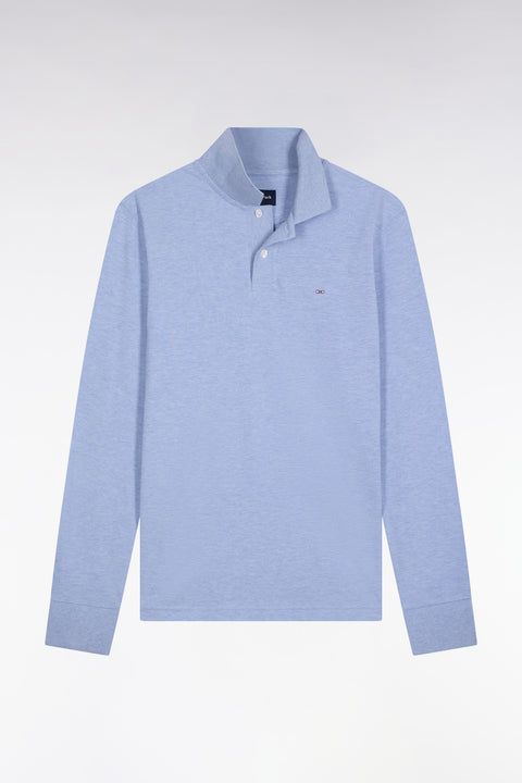 Long-sleeved polo shirt in sky-blue mottled cotton, straight cut - Image 2