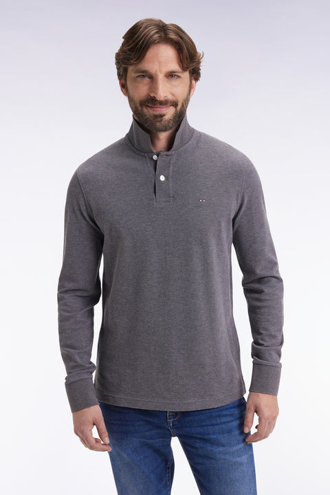 Long-sleeved polo shirt in grey mottled cotton, straight cut - Image 3