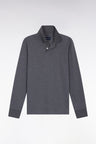 Long-sleeved polo shirt in grey mottled cotton, straight cut