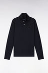 Long-sleeved polo shirt in dark grey mottled cotton, straight cut