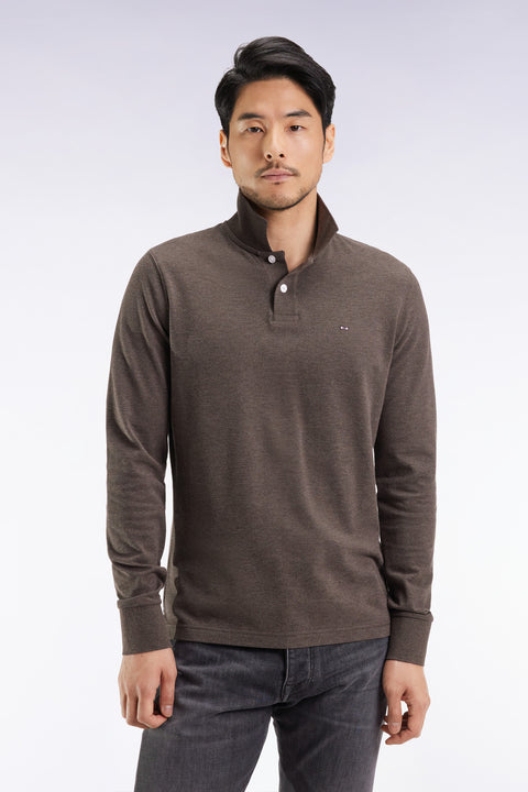 Long-sleeved polo shirt in brown mottled cotton, straight cut - Image 3