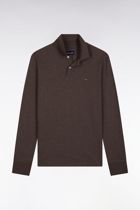 Long-sleeved polo shirt in brown mottled cotton, straight cut - Image 2