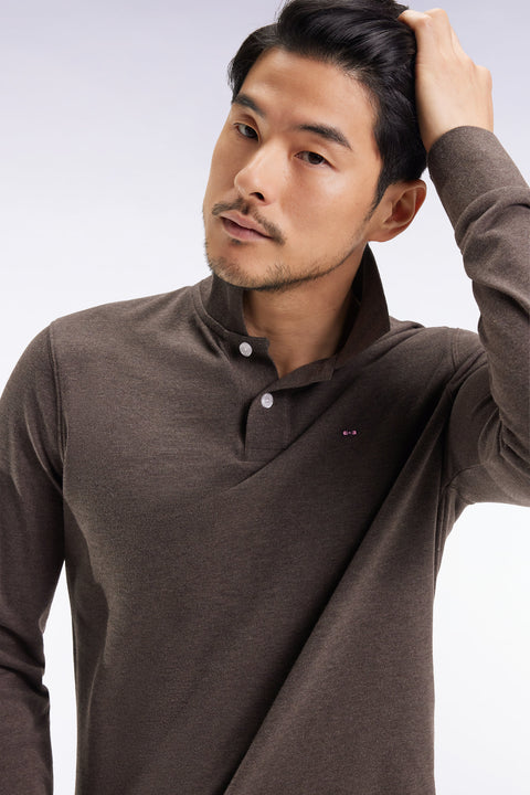 Long-sleeved polo shirt in brown mottled cotton, straight cut - Image 1