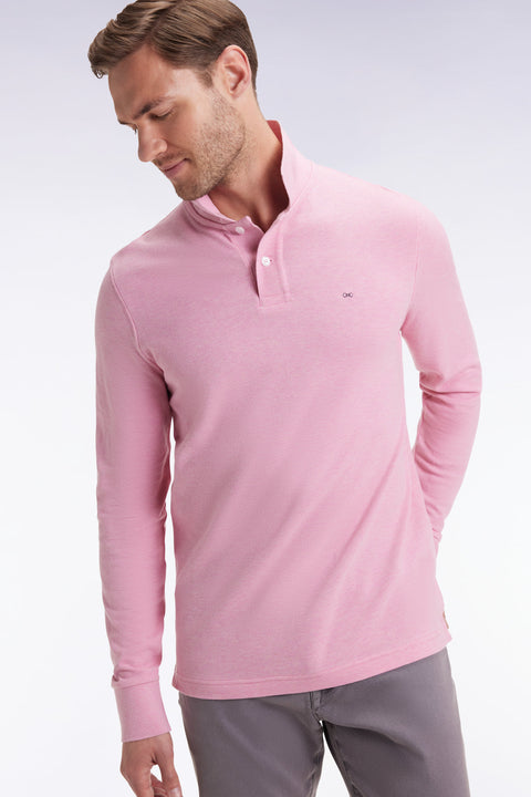 Long-sleeved polo shirt in pink mottled cotton, straight cut - Image 1