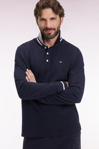 Relaxed fit long-sleeved polo shirt in navy cotton