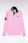 Long-sleeved polo shirt in pink cotton with embroidery, straight cut