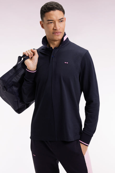Long-sleeved polo shirt in navy cotton piqué with pink piping Relaxed fit - Image 1