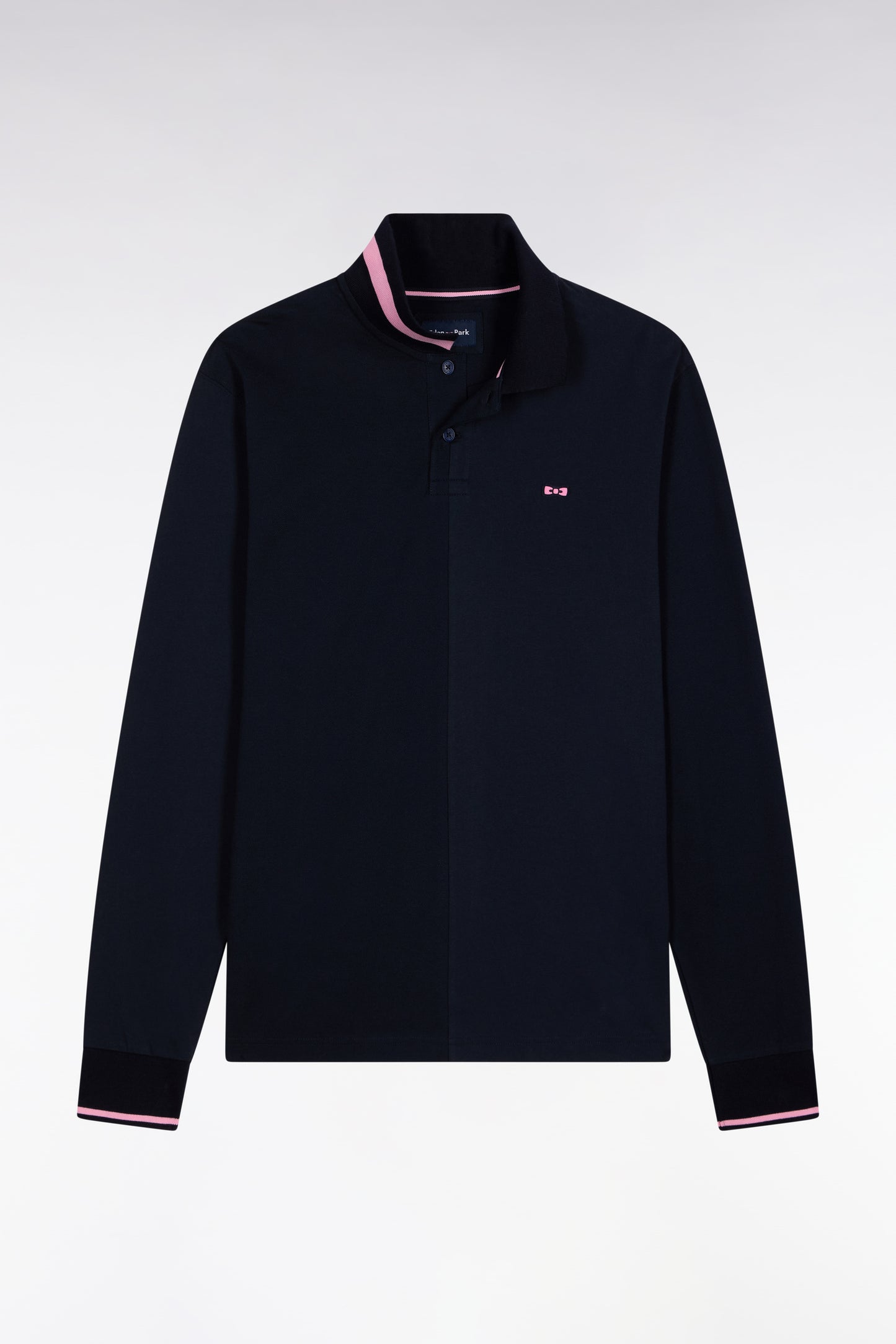 Long-sleeved polo shirt in navy cotton piqué with pink piping Relaxed fit