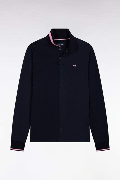 Long-sleeved polo shirt in navy cotton piqué with pink piping Relaxed fit - Image 2