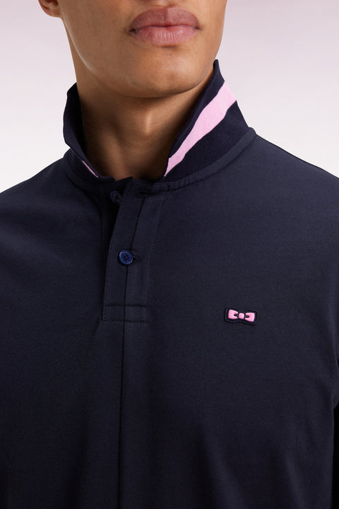 Polo à manches longues en piqué coton marine liserés roses coupe Relaxed - Image 3