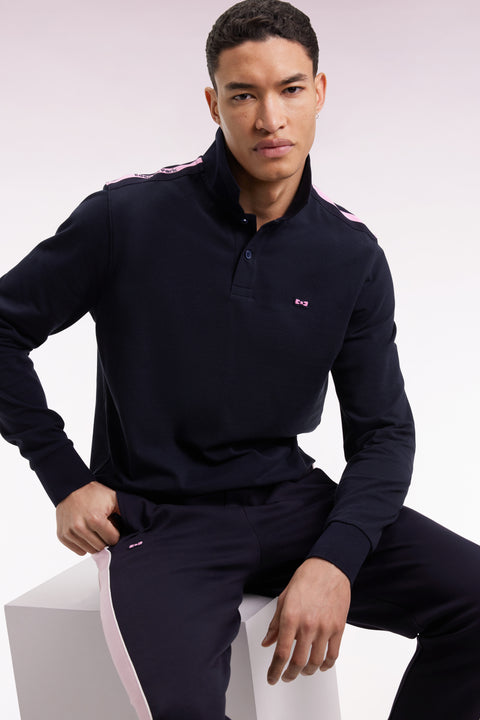Long-sleeved polo shirt in navy cotton piqué with pink ribbon logo - Image 1