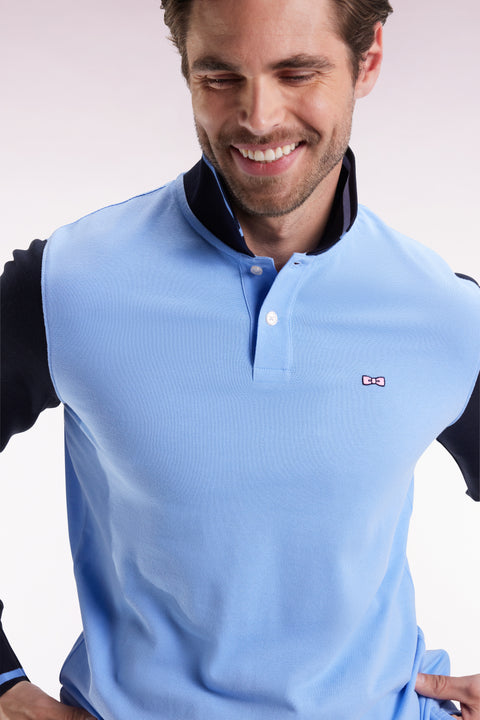 Long-sleeved polo shirt in two-tone cotton piqué with sky embroidery 10 - Image 1