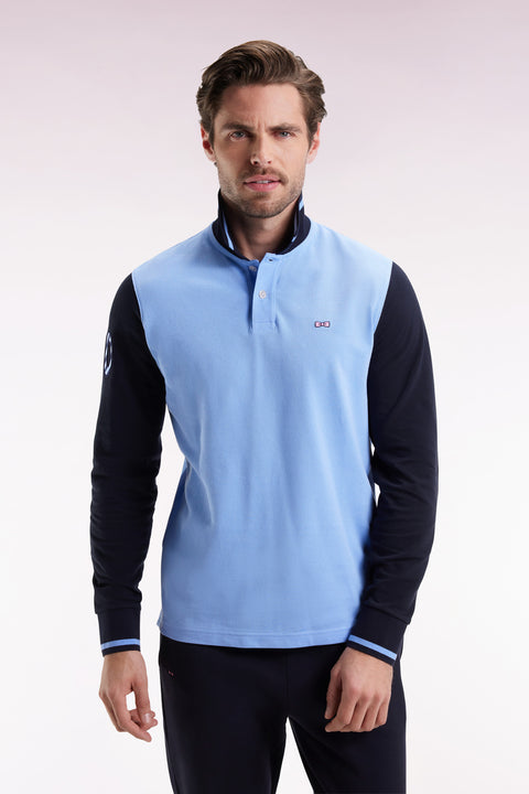 Long-sleeved polo shirt in two-tone cotton piqué with sky embroidery 10 - Image 3