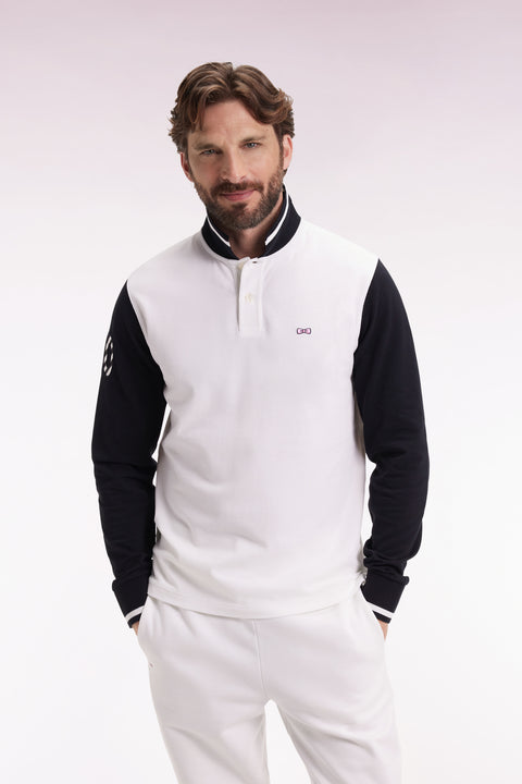 Long-sleeved polo shirt in two-tone cotton piqué, white, embroidered 10 - Image 3